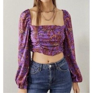 Urban Outfitters Purple Floral Puff Sleeve Cottagecore Milkmaid Top | Medium